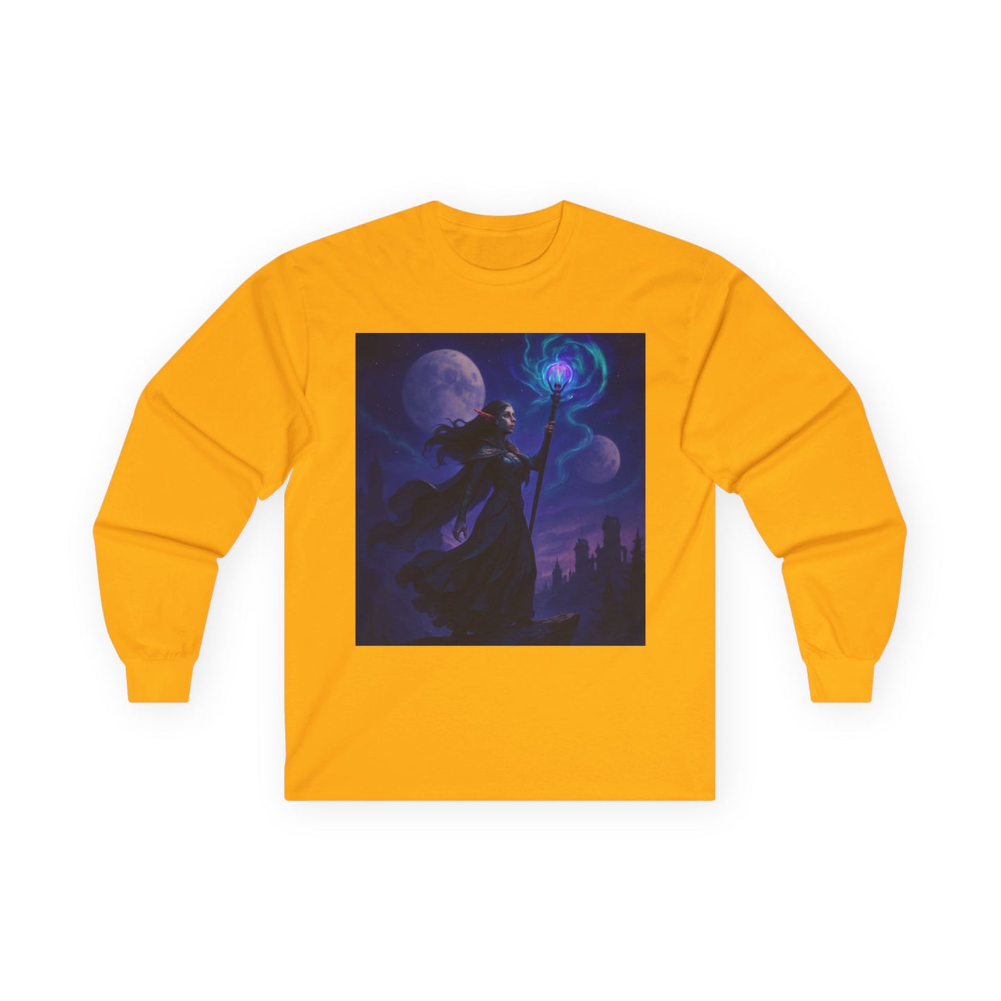 Mystical Sorceress Long Sleeve Tee, Unisex Cotton Shirt, Fantasy Apparel, Gift for Wizards, Retro Halloween Costume, Cozy Everyday Wear
